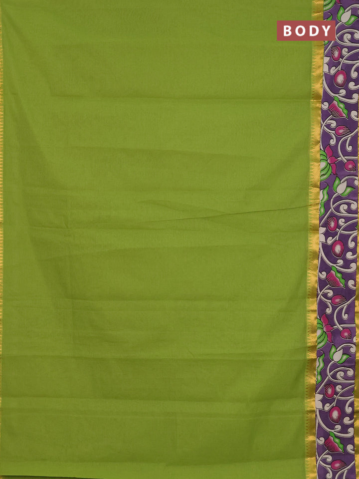 Mangalagiri cotton saree light green and lavender with plain body and rettapet zari woven kalamkari border