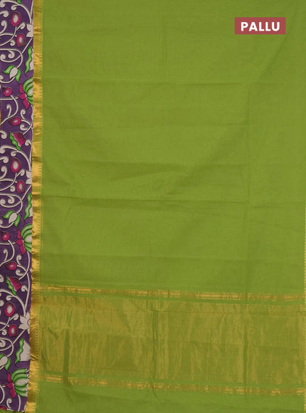 Mangalagiri cotton saree light green and lavender with plain body and rettapet zari woven kalamkari border