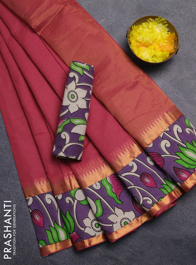 Mangalagiri cotton saree maroon and lavender with plain body and rettapet zari woven kalamkari border