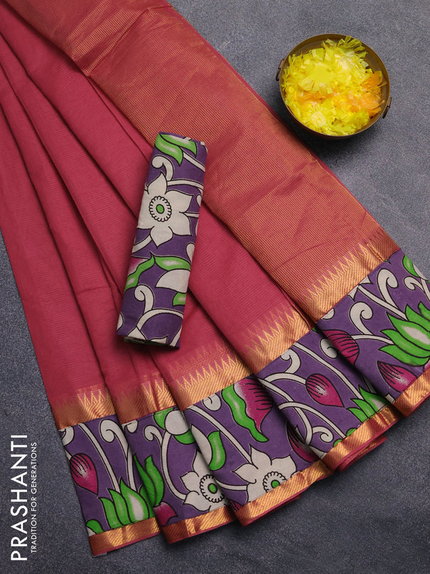 Mangalagiri cotton saree maroon and lavender with plain body and rettapet zari woven kalamkari border