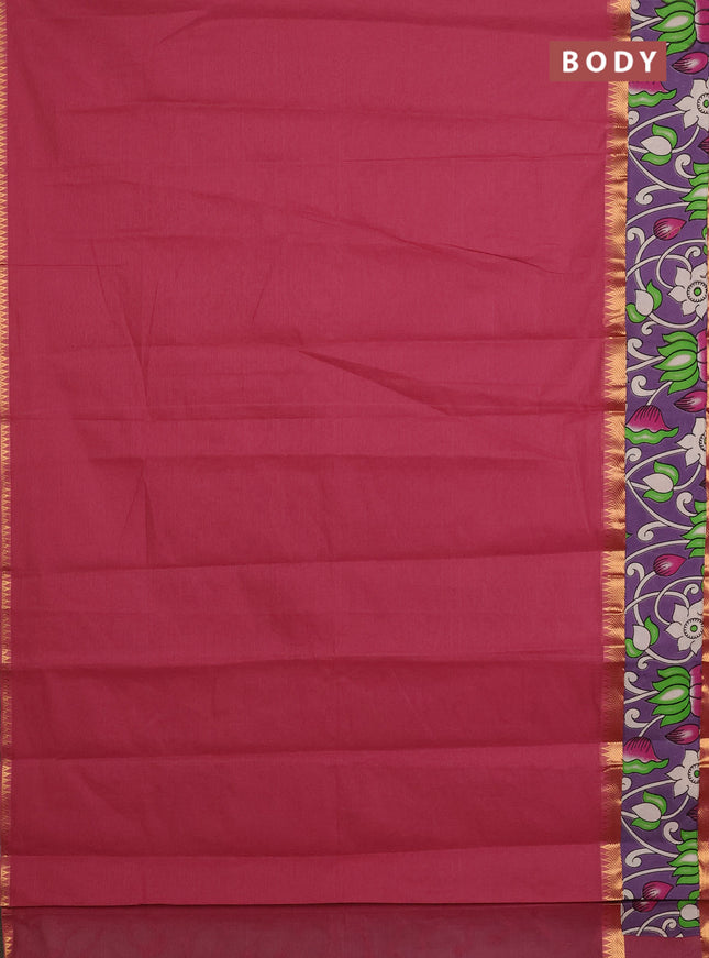 Mangalagiri cotton saree maroon and lavender with plain body and rettapet zari woven kalamkari border