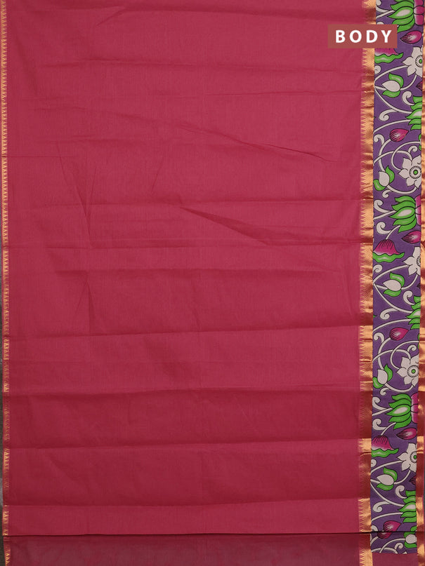 Mangalagiri cotton saree maroon and lavender with plain body and rettapet zari woven kalamkari border
