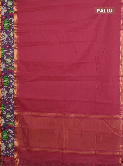 Mangalagiri cotton saree maroon and lavender with plain body and rettapet zari woven kalamkari border