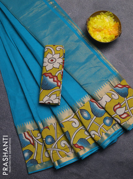 Mangalagiri cotton saree teal green and mustard green with plain body and rettapet zari woven kalamkari border