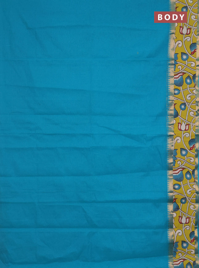 Mangalagiri cotton saree teal green and mustard green with plain body and rettapet zari woven kalamkari border