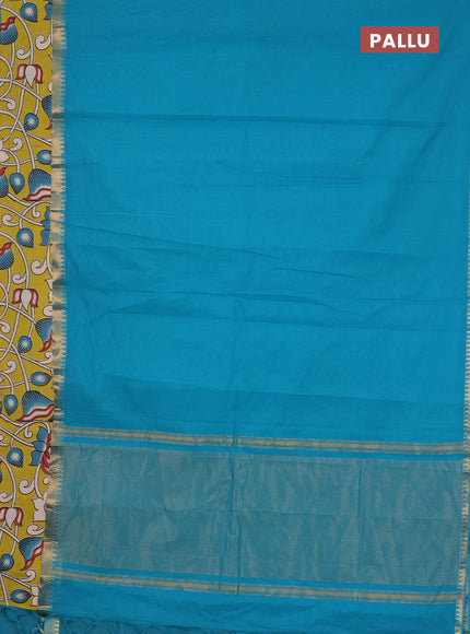 Mangalagiri cotton saree teal green and mustard green with plain body and rettapet zari woven kalamkari border