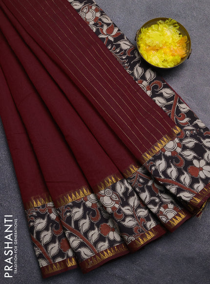 Mangalagiri cotton saree deep maroon and black with plain body and rettapet zari woven kalamkari border