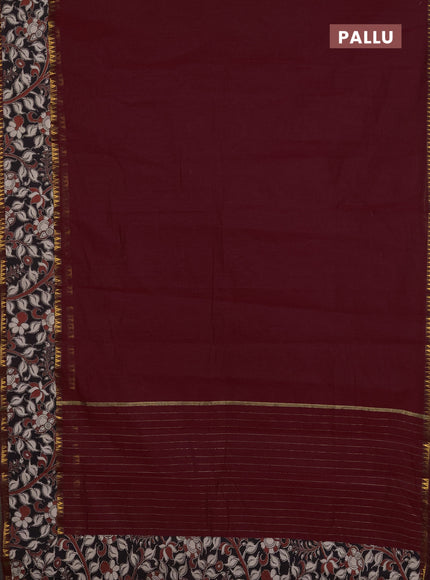 Mangalagiri cotton saree deep maroon and black with plain body and rettapet zari woven kalamkari border