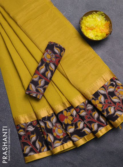 Mangalagiri cotton saree lime green and black with plain body and rettapet zari woven kalamkari border