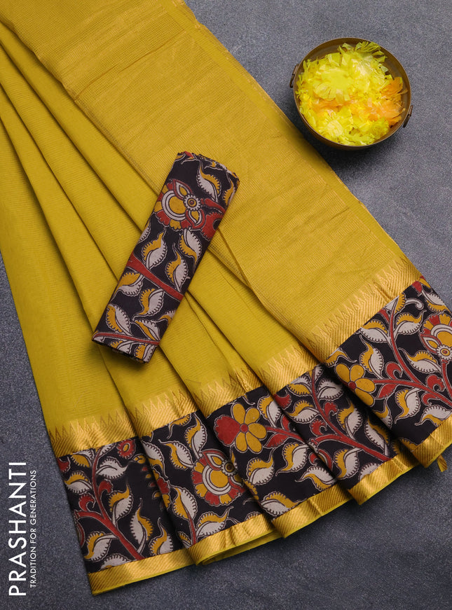 Mangalagiri cotton saree lime green and black with plain body and rettapet zari woven kalamkari border