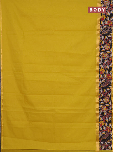 Mangalagiri cotton saree lime green and black with plain body and rettapet zari woven kalamkari border