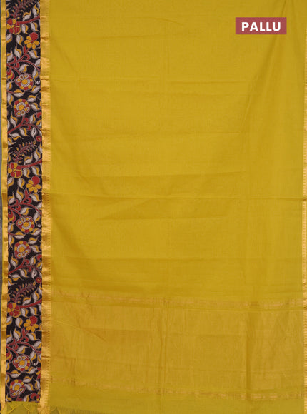 Mangalagiri cotton saree lime green and black with plain body and rettapet zari woven kalamkari border