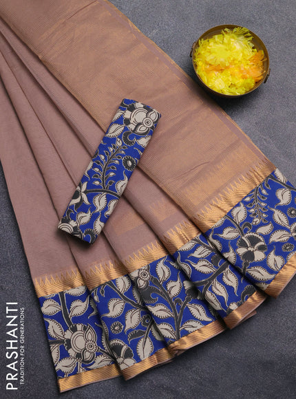 Mangalagiri cotton saree beige and blue with plain body and rettapet zari woven kalamkari border
