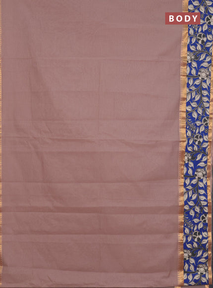 Mangalagiri cotton saree beige and blue with plain body and rettapet zari woven kalamkari border