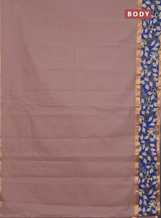 Mangalagiri cotton saree beige and blue with plain body and rettapet zari woven kalamkari border