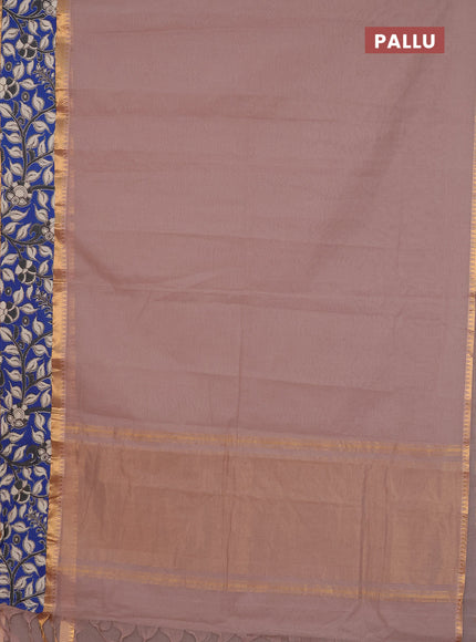 Mangalagiri cotton saree beige and blue with plain body and rettapet zari woven kalamkari border