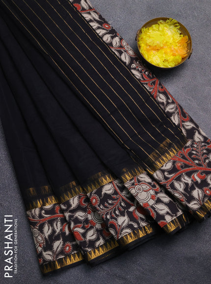 Mangalagiri cotton saree black with plain body and rettapet zari woven kalamkari border