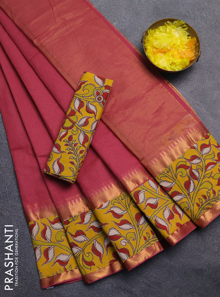 Mangalagiri cotton saree dark peach and yellow with plain body and rettapet zari woven kalamkari border