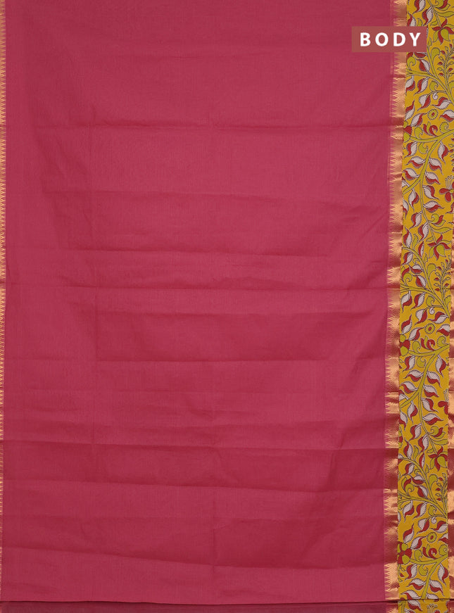 Mangalagiri cotton saree dark peach and yellow with plain body and rettapet zari woven kalamkari border
