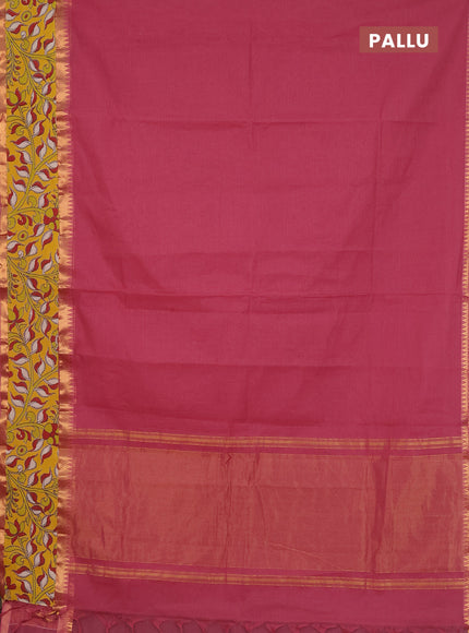 Mangalagiri cotton saree dark peach and yellow with plain body and rettapet zari woven kalamkari border