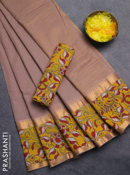 Mangalagiri cotton saree beige and yellow with plain body and rettapet zari woven kalamkari border