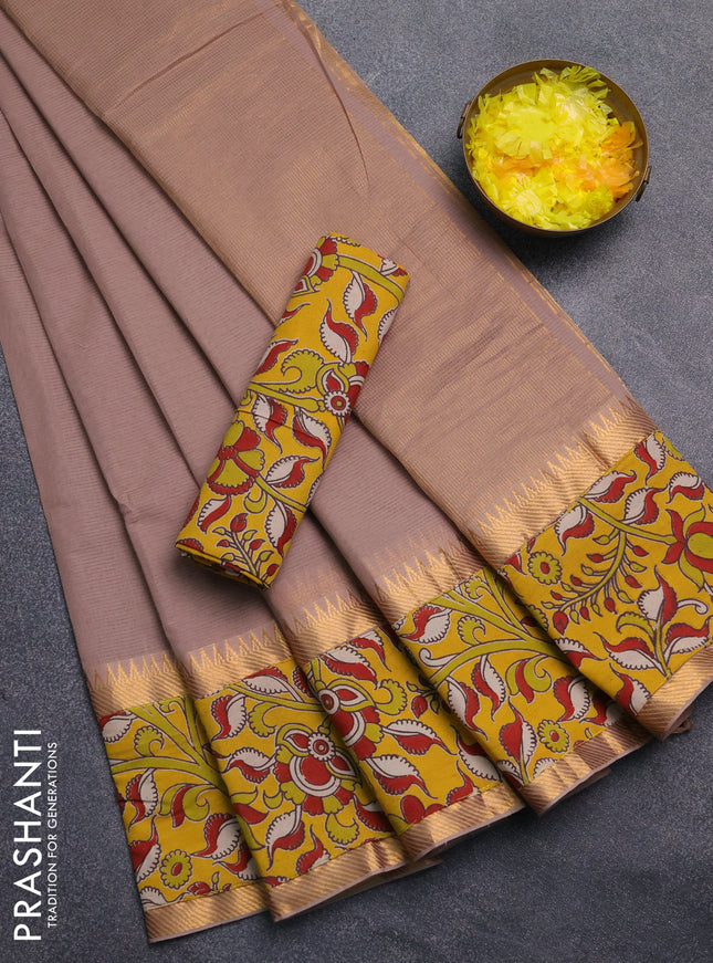 Mangalagiri cotton saree beige and yellow with plain body and rettapet zari woven kalamkari border