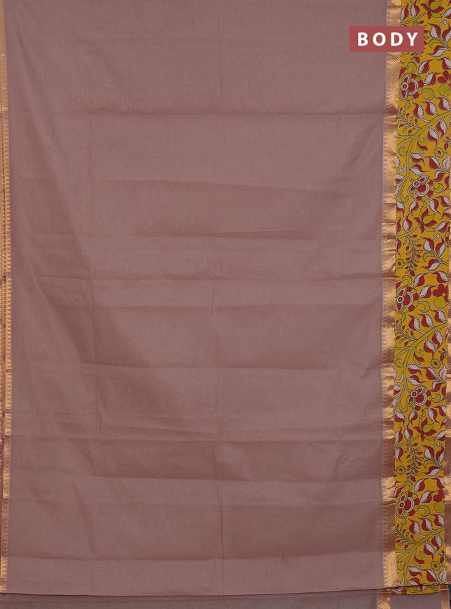 Mangalagiri cotton saree beige and yellow with plain body and rettapet zari woven kalamkari border