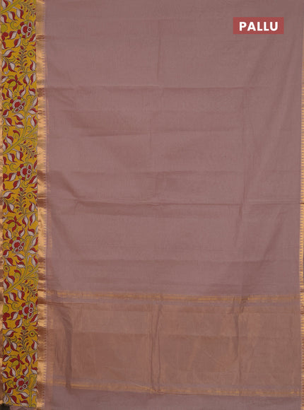 Mangalagiri cotton saree beige and yellow with plain body and rettapet zari woven kalamkari border