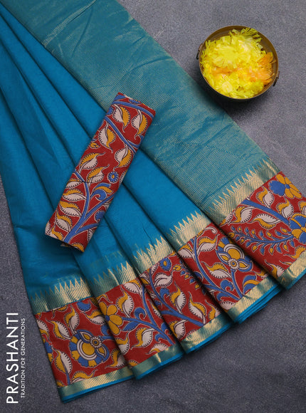 Mangalagiri cotton saree teal blue and maroon with plain body and rettapet zari woven kalamkari border
