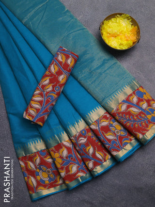 Mangalagiri cotton saree teal blue and maroon with plain body and rettapet zari woven kalamkari border