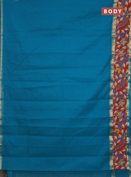 Mangalagiri cotton saree teal blue and maroon with plain body and rettapet zari woven kalamkari border