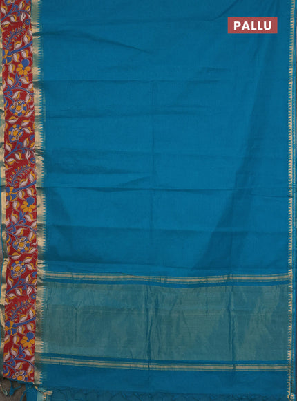 Mangalagiri cotton saree teal blue and maroon with plain body and rettapet zari woven kalamkari border