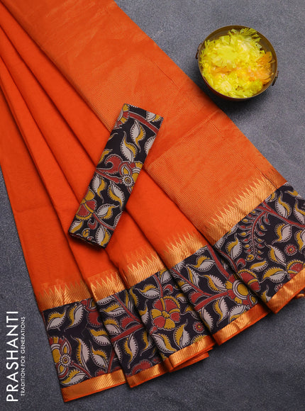 Mangalagiri cotton saree orange and black with plain body and rettapet zari woven kalamkari border