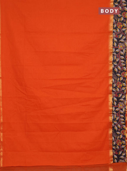 Mangalagiri cotton saree orange and black with plain body and rettapet zari woven kalamkari border
