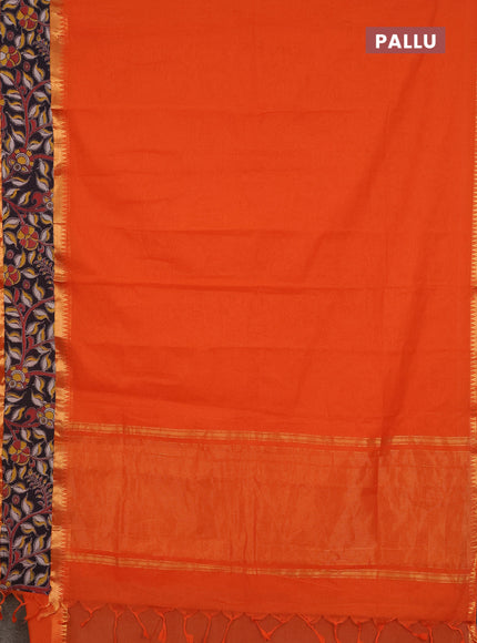 Mangalagiri cotton saree orange and black with plain body and rettapet zari woven kalamkari border