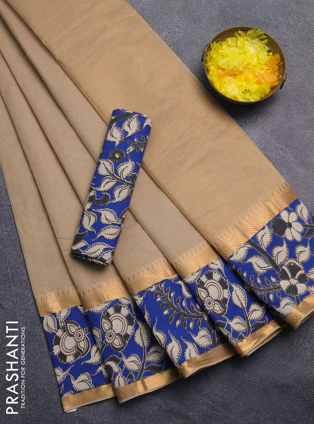 Mangalagiri cotton saree beige and blue with plain body and rettapet zari woven kalamkari border