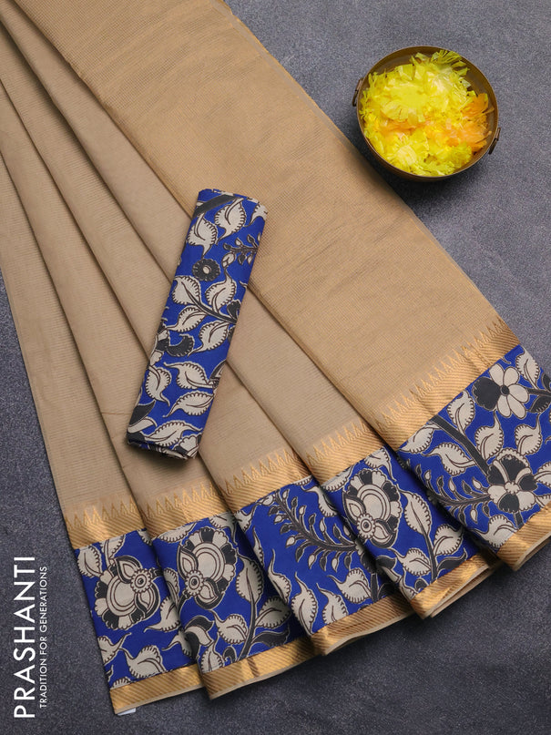 Mangalagiri cotton saree beige and blue with plain body and rettapet zari woven kalamkari border