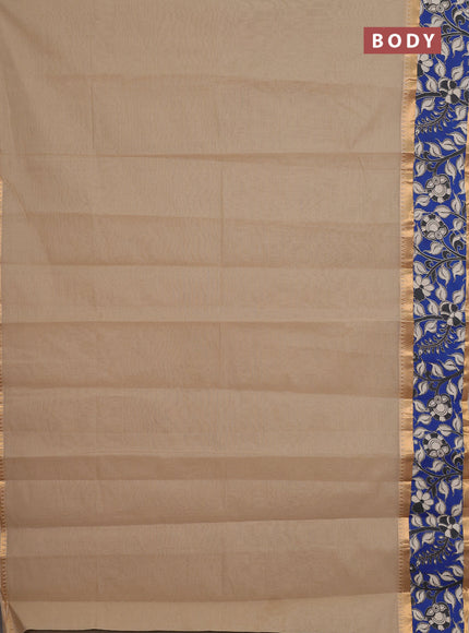 Mangalagiri cotton saree beige and blue with plain body and rettapet zari woven kalamkari border