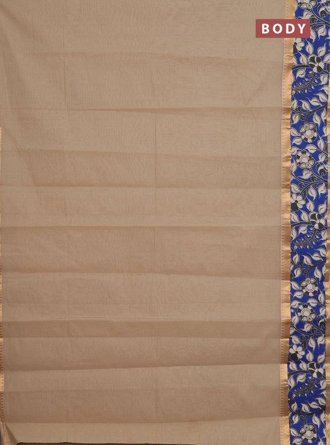 Mangalagiri cotton saree beige and blue with plain body and rettapet zari woven kalamkari border