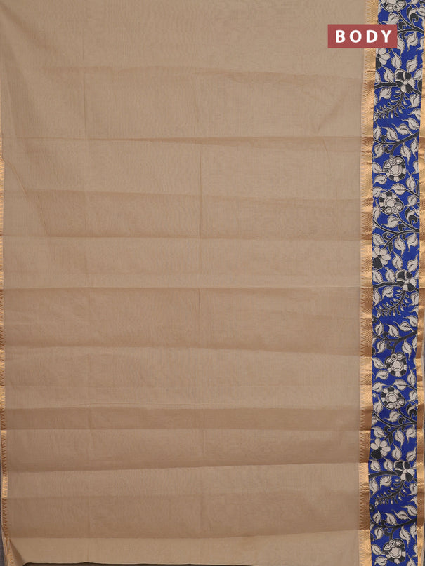 Mangalagiri cotton saree beige and blue with plain body and rettapet zari woven kalamkari border
