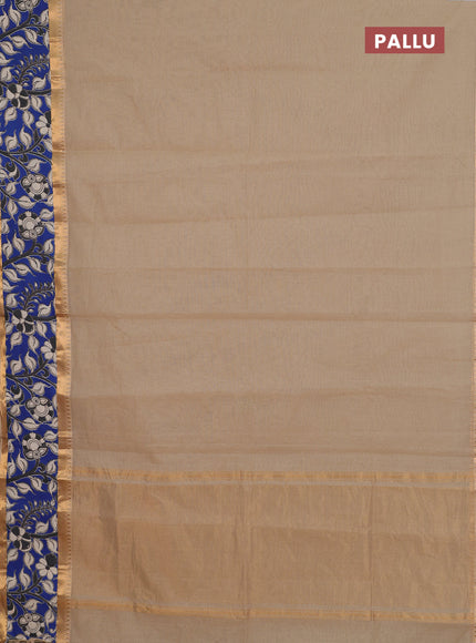Mangalagiri cotton saree beige and blue with plain body and rettapet zari woven kalamkari border