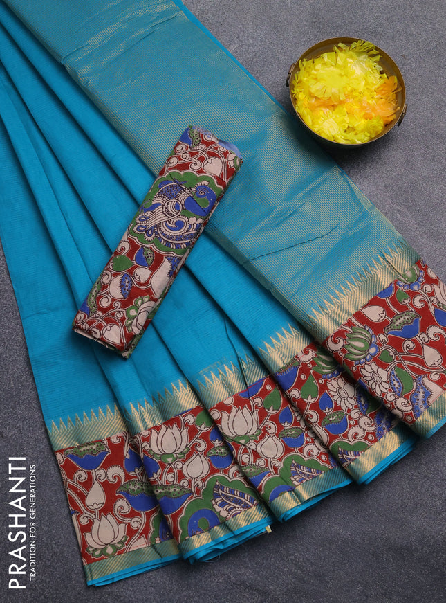Mangalagiri cotton saree teal blue and maroon with plain body and rettapet zari woven kalamkari border