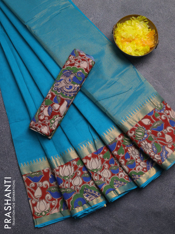 Mangalagiri cotton saree teal blue and maroon with plain body and rettapet zari woven kalamkari border