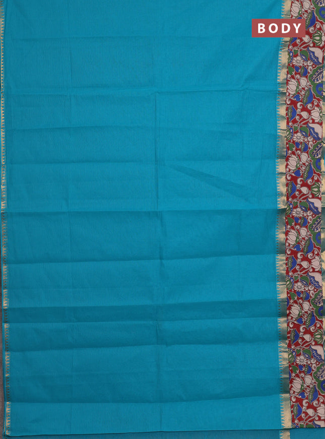 Mangalagiri cotton saree teal blue and maroon with plain body and rettapet zari woven kalamkari border