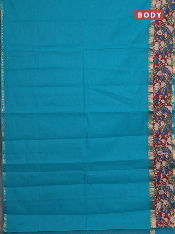 Mangalagiri cotton saree teal blue and maroon with plain body and rettapet zari woven kalamkari border