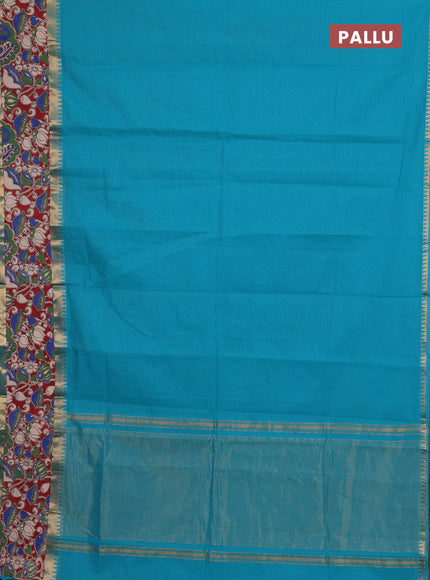 Mangalagiri cotton saree teal blue and maroon with plain body and rettapet zari woven kalamkari border