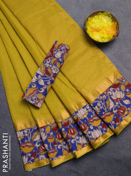 Mangalagiri cotton saree mustard green and blue with plain body and rettapet zari woven kalamkari border