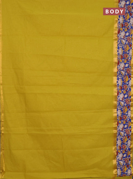 Mangalagiri cotton saree mustard green and blue with plain body and rettapet zari woven kalamkari border