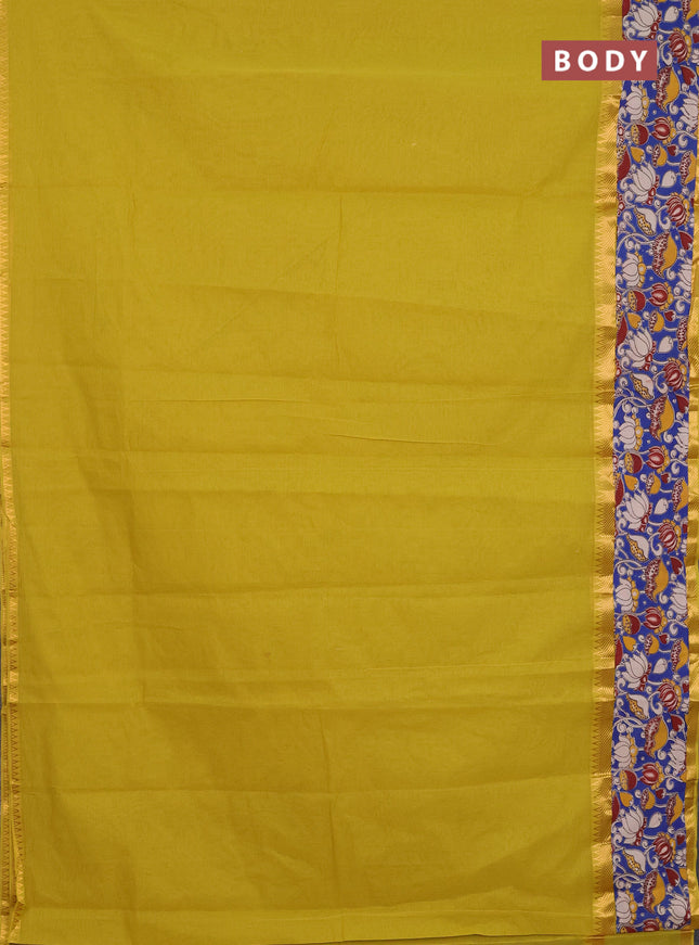 Mangalagiri cotton saree mustard green and blue with plain body and rettapet zari woven kalamkari border