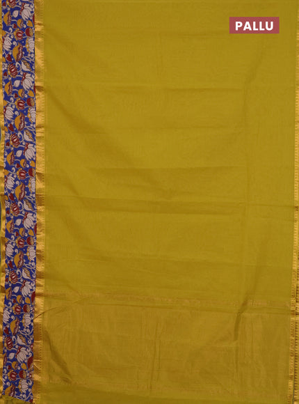 Mangalagiri cotton saree mustard green and blue with plain body and rettapet zari woven kalamkari border